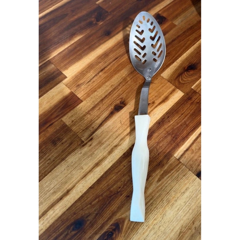 Vintage Cutco No 1713 Slotted Spoon White Swirl Handle Stainless Steel USA Made